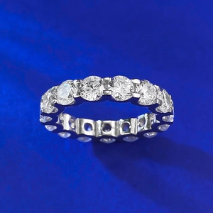Macro close-up of S925 sterling silver eternity ring with sparkling round-cut diamonds