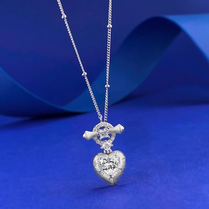 Luxurious S925 silver heart pendant necklace with T-bar toggle and pavé zircon stones