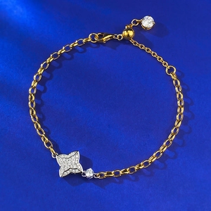 S925 Sterling Silver Four-Pointed Star Bracelet For Women Gold Plated Adjustable Double Sided Rhinestone Inlaid Fashion Jewelry