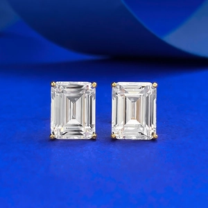 Boucles d'Oreilles Clous Rectangulaires en Argent Sterling 925 Taille Émeraude Plaquées Or avec Strass pour Mariage Fête Femme