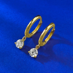 Classic 925 sterling silver hoop earrings with clear round gemstone charms in gold finish