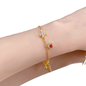 Bracelet en argent S925 plaqué or 18K avec croix en diamant et pendentif cornaline