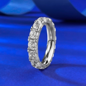 Luxury 925 Sterling Silver Round Cut Pave Rhinestone Eternity Ring Elegant Wedding Band Ring For Women Fashion Jewelry