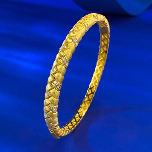 Vintage 925 Sterling Silver Gold Plated Woven Bracelet For Women Luxury Wheat Ear Pattern Rhinestone Inlaid Open Bangle Jewelry Gift