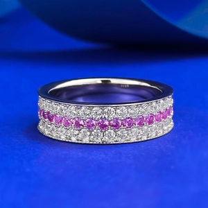 Bague Éternité en Argent Sterling 925 Large Anneau pour Femmes Bijou de Mode avec Strass Roses et Blancs Incrustés