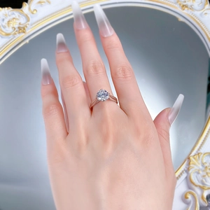 Détail d'une bague solitaire ronde de 8 mm avec serti à 6 griffes sur un doigt
