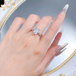 S925 silver ring with a rectangular emerald cut main stone and side pavé diamonds