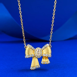 925 Sterling Silver Gold Plated Bowknot Pendant Necklace For Women Inlaid Rhinestone Brushed Fashion Clavicle Chain Jewelry