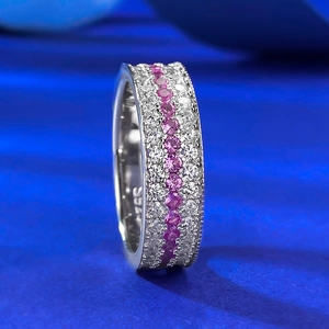 Bague élégante en argent sterling S925 avec trois rangées de pierres roses et blanches