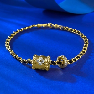 925 Sterlingsilber Geflochtenes Kordelarmband Für Damen Gold Kleeblatt Zylinder Glücksperle Strass Elegante Mode Handschmuck
