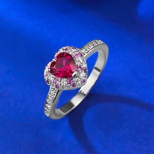 S925 sterling silver ring with heart-shaped red ruby gemstone and halo diamond accents
