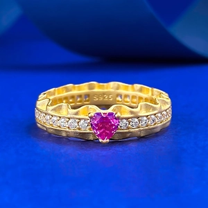Vintage S925 Silver Gold Plated Heart Ring For Women Pink Rhinestone Wave Edge Elegant Fashion Jewelry Finger Ring