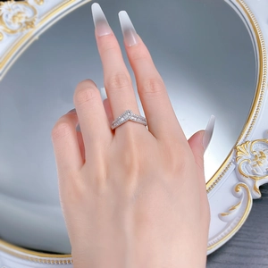 Close-up of S925 silver chevron ring with channel-set baguette and round zircon stones