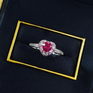 S925 silver ring with heart-shaped red ruby center and sparkling pave diamonds
