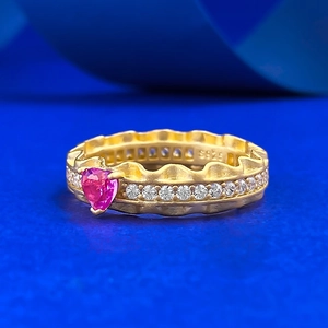 S925 silver gold plated wave ring with heart pink diamond and pavé zircons