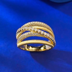 Crossed S925 silver gold-plated ring with pavé diamonds and Italian brushed texture