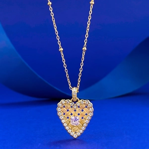 S925 Sterling Silver Gold Plated Heart Pendant Necklace With Woven Texture Rhinestone Inlaid Square Stone Fashion Jewelry