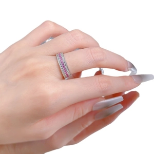 Bague S925 en argent à trois rangs sertie de zircons roses et de pierres blanches