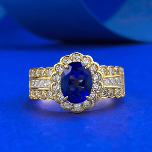 925 Sterling Silver French Retro Oval Blue Simulated Sapphire Halo Ring Luxury Rhinestone Inlaid Gold Plated Band Ring For Women