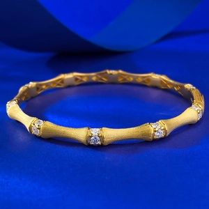 Italian vintage style S925 silver bamboo bangle with brushed gold finish and zircons