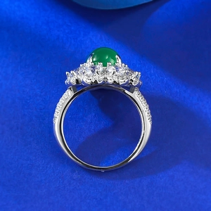 Macro shot of 8mm green chalcedony ring with S925 silver and luxury zircon pave setting