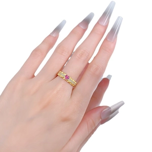 S925 silver gold plated wave ring with heart pink diamond and accent stones