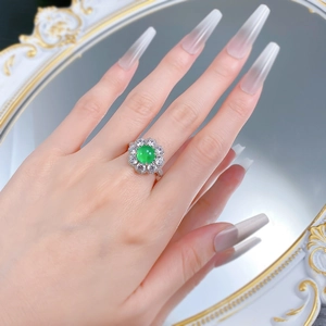 Elegant S925 silver ring featuring a high-ice green chalcedony oval stone and halo crystals