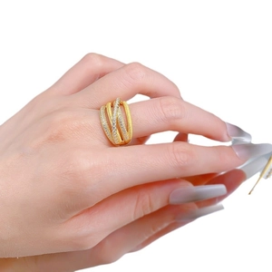 Cross-over multi-layer gold plated S925 silver ring with brushed finish and pave crystals