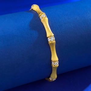 Italian vintage S925 silver bamboo bangle with matte gold finish and sparkling zircon stones