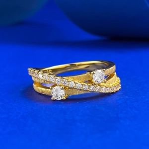 Bague Croisée en Argent Sterling S925 pour Femme Plaquée Or Brossé Multicouche Incrustée de Strass Bijoux de Mode Cadeau