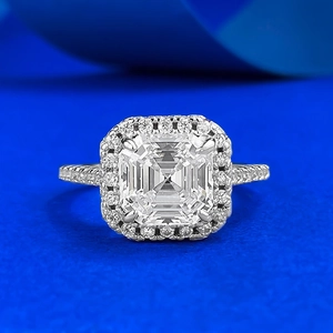 Asscher Cut Halo Ring 925 Sterling Silver Rhinestone Geometric Square Finger Ring For Women Wedding Jewelry