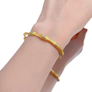 Italian vintage style S925 silver bamboo bangle with gold brushed finish and zircons