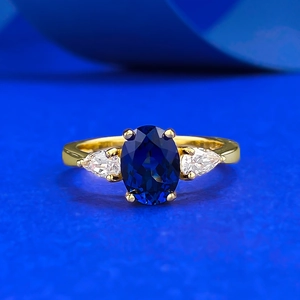 S925 Sterling Silver Oval Blue Corundum Ring Three Stone Classic Gold Plated Rhinestone Gemstone Finger Jewelry For Women
