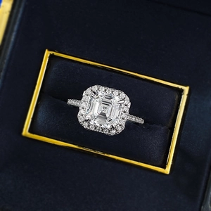 Luxurious S925 silver Asscher cut cubic zirconia halo ring in deep blue jewelry box