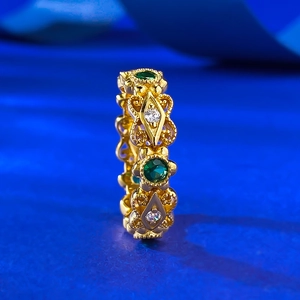 Bague vintage en argent S925 avec émeraude et pierres blanches en filigrane d'or