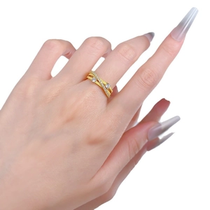 Bague croisée triple épaisseur en argent S925 avec cristaux brillants finition dorée