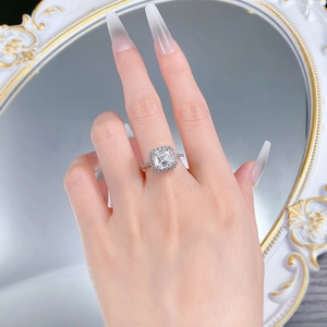 Detailed macro view of S925 silver Asscher cut square zircon ring with halo setting