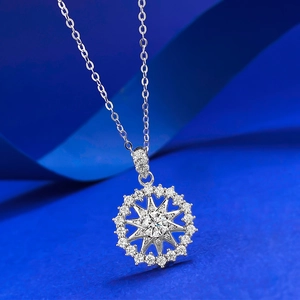 Elegant S925 sterling silver snowflake star necklace with sparkling crystal inlay on blue silk