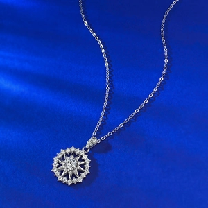 Elegant S925 sterling silver snowflake pendant necklace on a deep blue textured surface