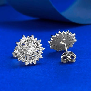 Macro view of S925 silver snowflake earrings with sparkling zircon stones and butterfly back
