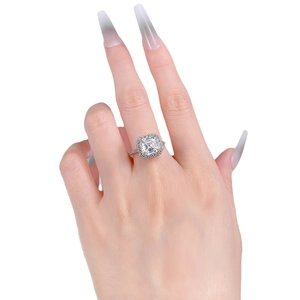 Luxurious S925 sterling silver Asscher cut zircon ring with pavé diamond band