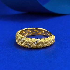 Italian craft S925 sterling silver wheat woven ring with brushed gold and zircon stones