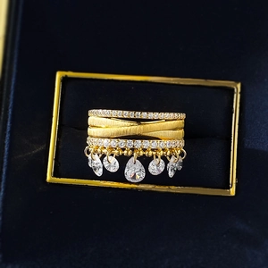 Luxurious S925 gold-plated multi-layer ring with brushed texture and dangling zircons