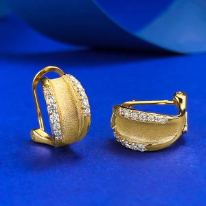 S925 silver gold-plated hoop earrings with brushed metal texture and pavé zircon stones