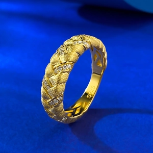 925 Sterling Silver Gold Plated Wheat Ear Weave Brushed Ring Minimalist Rhinestone Inlaid Geometric Finger Ring Jewelry Women