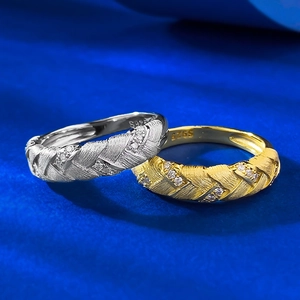 S925 sterling silver wheat woven rings with brushed texture and zircon inlay