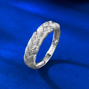S925 sterling silver wheat weave ring with cubic zirconia accents in a textured 45-degree view