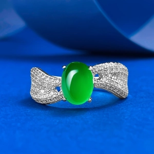 Bague Vintage en Argent Sterling S925 Calcédoine Verte pour Femme Agate Ovale Strass Bijoux de Doigt à la Mode