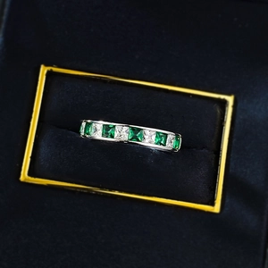 S925 silver ring with princess cut green and white cubic zirconia in channel setting