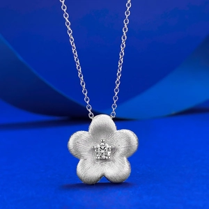 S925 Sterling Silver Flower Pendant Necklace For Women Brushed Metal Rhinestone Inlaid New Chinese Style Fashion Jewelry